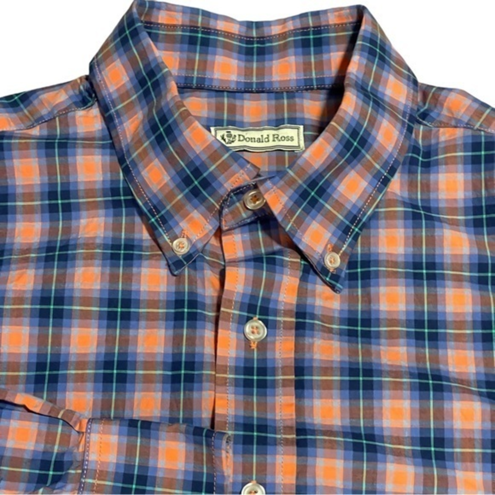 DONALD ROSS Button Down Golf Shirt Blue Orange￼ Plaid Check‎ Large 100% Cotton